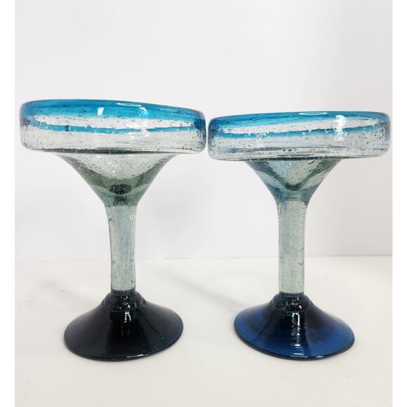 Set 4 Handblown Blue Glass Margarita Goblets Mexico Bubble Rim Vintage Barware - Picture 4 of 12
